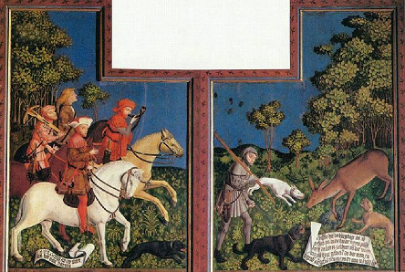 Tassilon III de Bavire  la chasse, accompagn de trois cuyers - Meister der Pollinger Tafeln - 1444